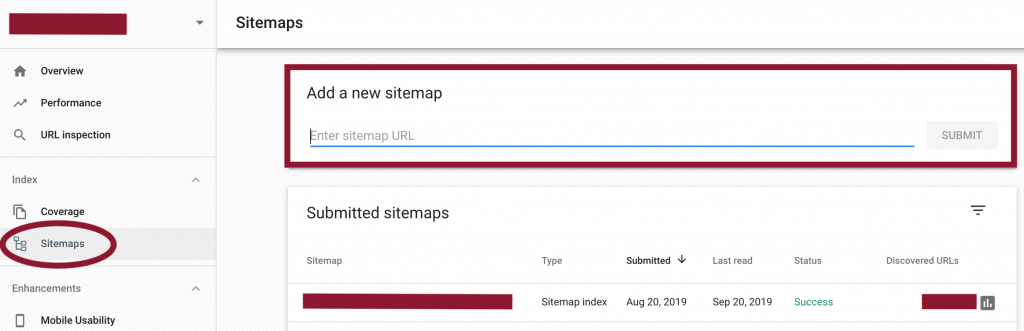 A screen capture of WordPress’ back-end demonstrating how to navigate to submit a site in Google Search Console. 