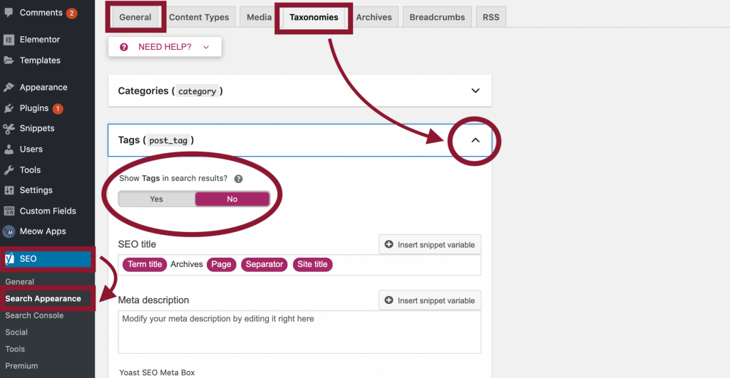 A screen capture of WordPress’ back-end demonstrating how to navigate to Yoast SEO, Search Appearance, General and Taxonomy tabs.