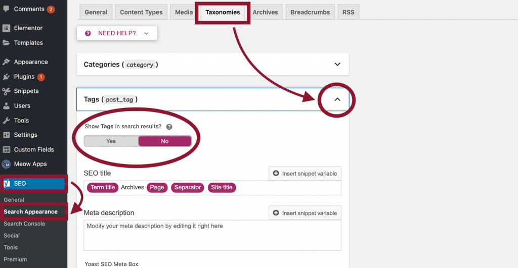 A screen capture of WordPress’ back-end demonstrating how to navigate to Yoast SEO, search appearance, taxonomy tab.