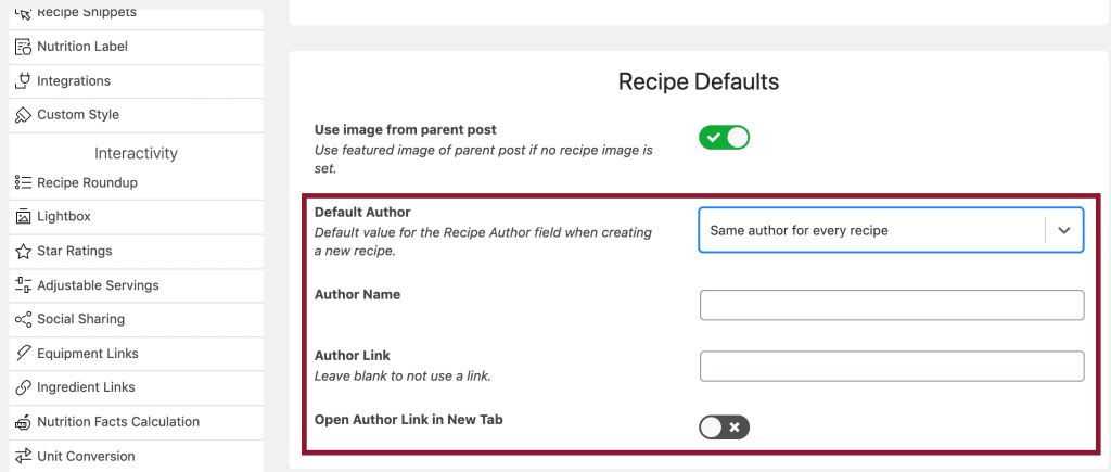 Screenshot shot of the WP Recipe Maker plugin showing where in the plugin's setting you can include an author name and internal link by default.