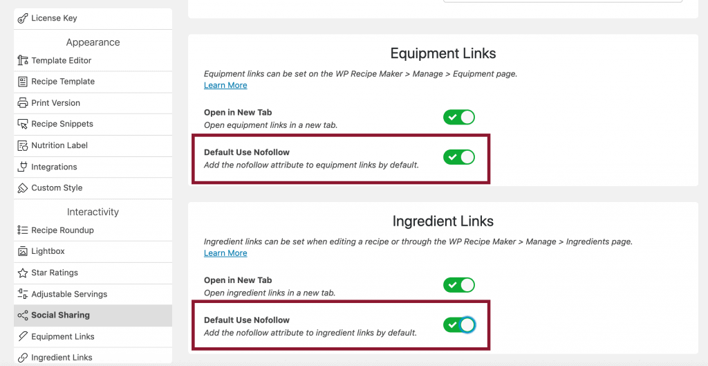 Screenshot of WP Recipe Maker, the recipe card plugin's settings show how to enable the nofollow tag so that it apples by default to external equipment and ingredient links.