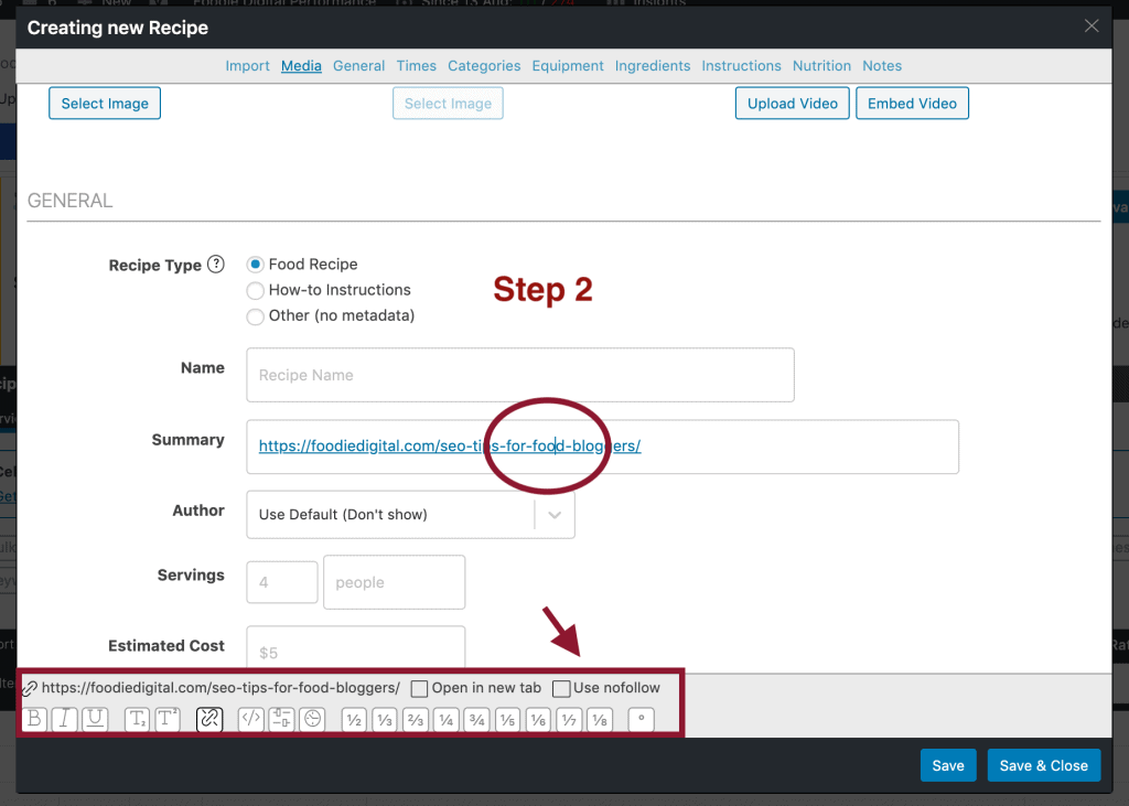 Screenshot of the inside of the WP Recipe Maker recipe card plugin, showing how to add a link in the plugin's freeform fields and then tag the link for nofollow for compliance