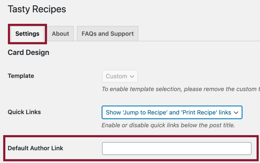 Screenshot of inside Tasty Recipes recipe card plugin's settings showing where to include author name.