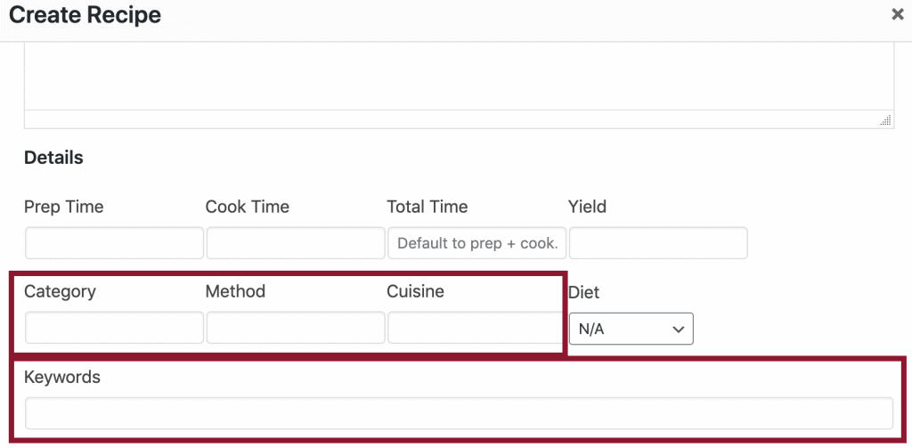 A screenshot of the inside of the Tasty Recipes recipe card plugin's meta data field such as category, method, cuisine and keywords