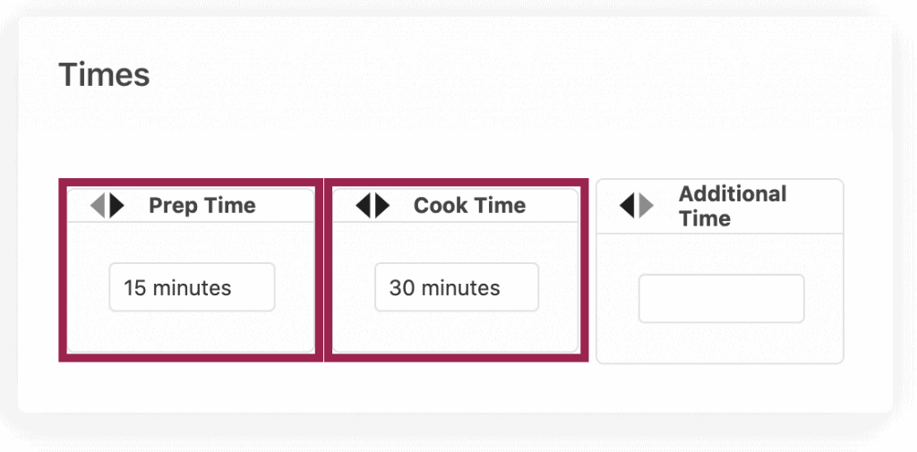 Screenshot of the prep time and cook time fields in Create by Mediavine's back-end