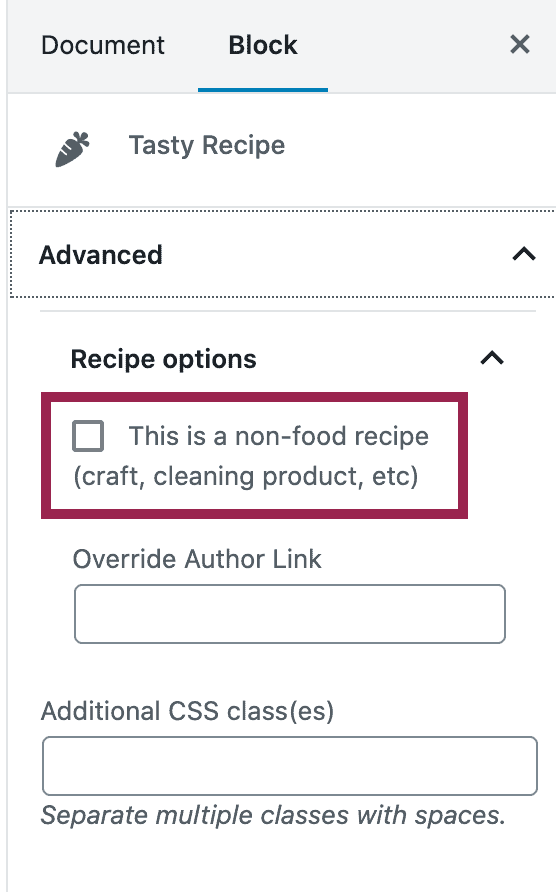 Screenshot showing how to disable structured data for a non-food recipe in Tasty Recipes.
