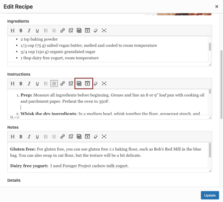 Uploading image and video to Tasty Recipes recipe card instruction steps