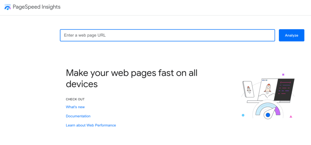 A screenshot of PageSpeed Insights landing page with a field that you can enter a web page URL.