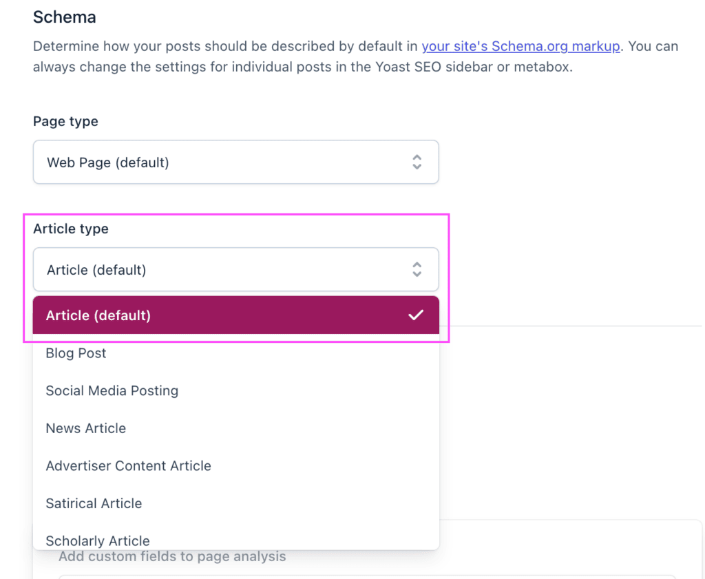 Screenshot of Yoast SEO's settings that shows where to select article schema for blog posts.